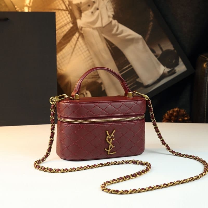 YSL Diamond-Quilted Box Cosmetic Bag, Genuine Leather, Versatile Handheld Shoulder Crossbody Women's Small Square Bag, Simple and Portable