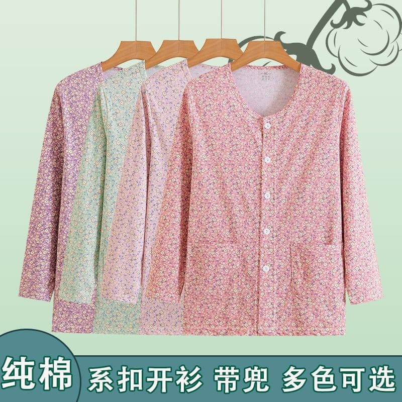 Pure Cotton Long-Sleeve Cardigan Pajama Top for Middle-Aged and Elderly Women, Loose Fit, Plus Size, Full Cotton Homewear