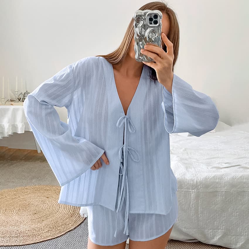 European and American Autumn New Loose Comfortable Pure Cotton Jacquard Breathable Long-sleeved Shorts Lace-up Pajamas Women's Cross-border Home Clothes