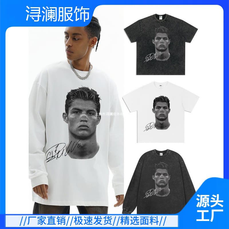 Cristiano Ronaldo American Street Print Heavyweight Short Sleeve T-Shirt Men Cross-Border Vintage Washed Distressed American Trend Pure Cotton Small Collar Style