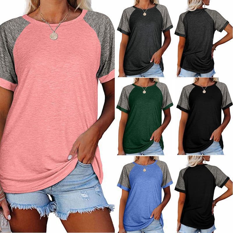 Amazon 2026 European and American Cross-Border Foreign Trade Summer New Solid Color Loose Round Neck Raglan Sleeve Short-Sleeved T-Shirt for Women