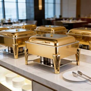 Luxury Gold-Plated Stainless Steel Buffet Chafing Dish, Electric Heating, Hotel Restaurant Commercial Tabletop Warmer