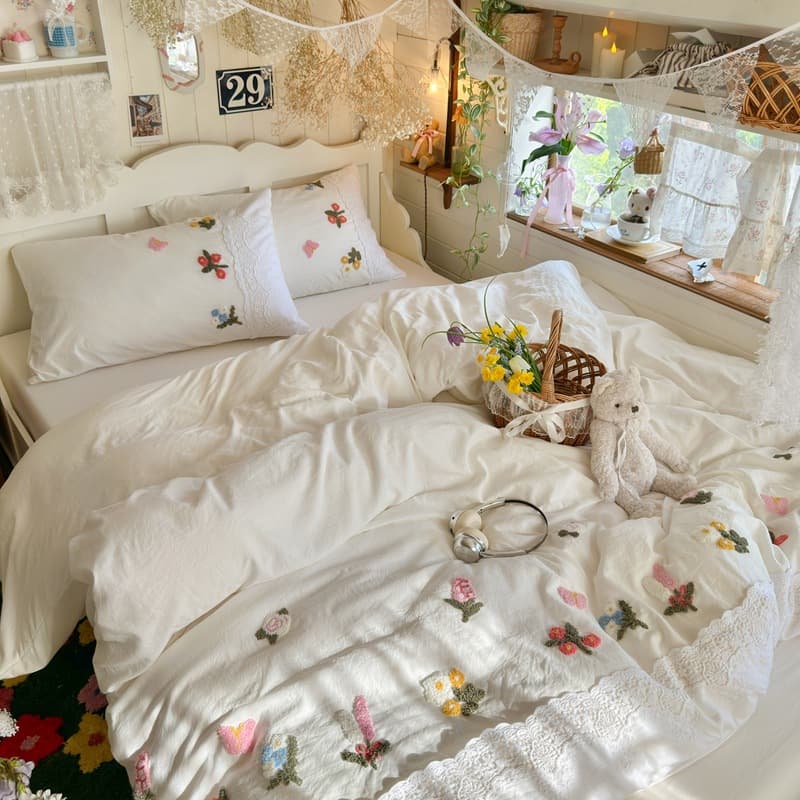 Korean Vintage Style Embroidered Lace Mix-and-Match 4-Piece Set Soft Washed Cotton Flat Sheet Fitted Sheet Duvet Cover Single 3-Piece Set