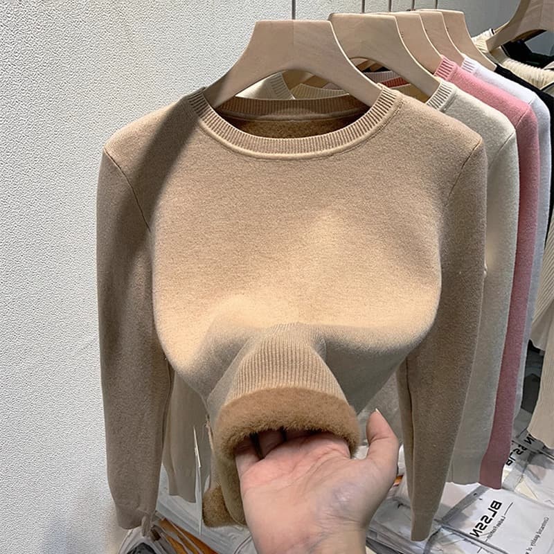 Women's Winter Base Layer Turtleneck Sweater with Integrated Fleece, Thickened and Lined Round Neck Knit Top