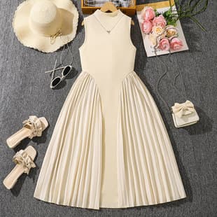 Girls' Big Kid Dress Export Cross-Border Children's Clothing Summer New Stand Collar Elegant Pleated Spliced Sleeveless Formal Long Dress