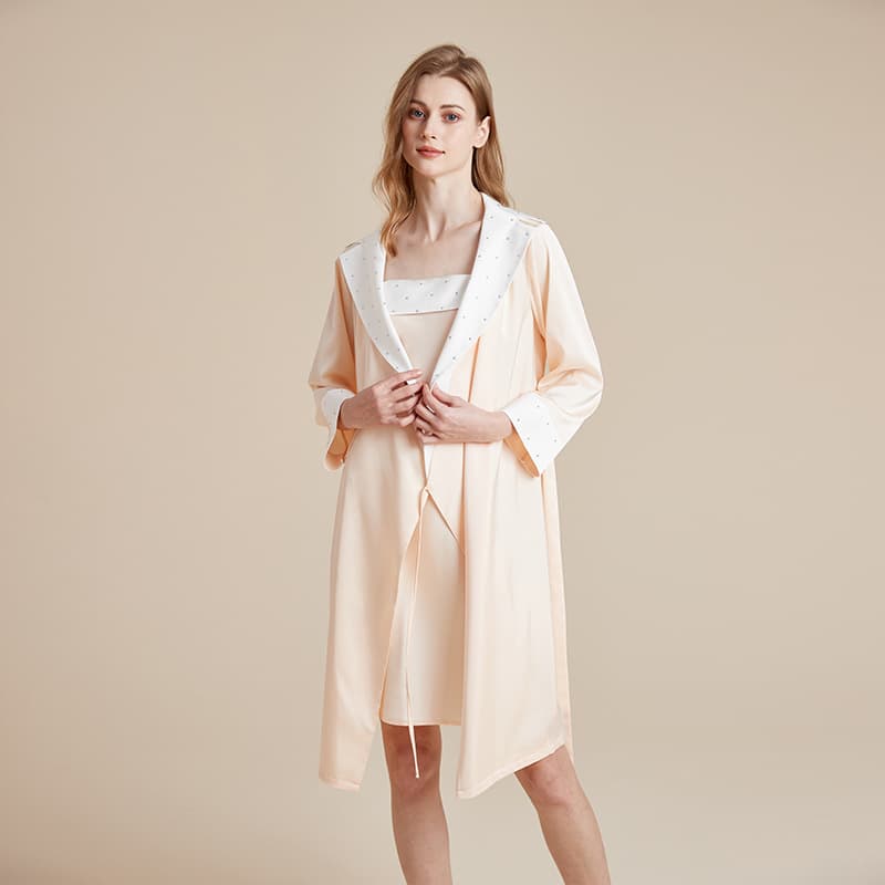 Beinvmon New Satin Pajamas for Women Autumn Light Luxury Rhinestone Three-Quarter Sleeve Cool Feeling Robe Bathrobe Loungewear