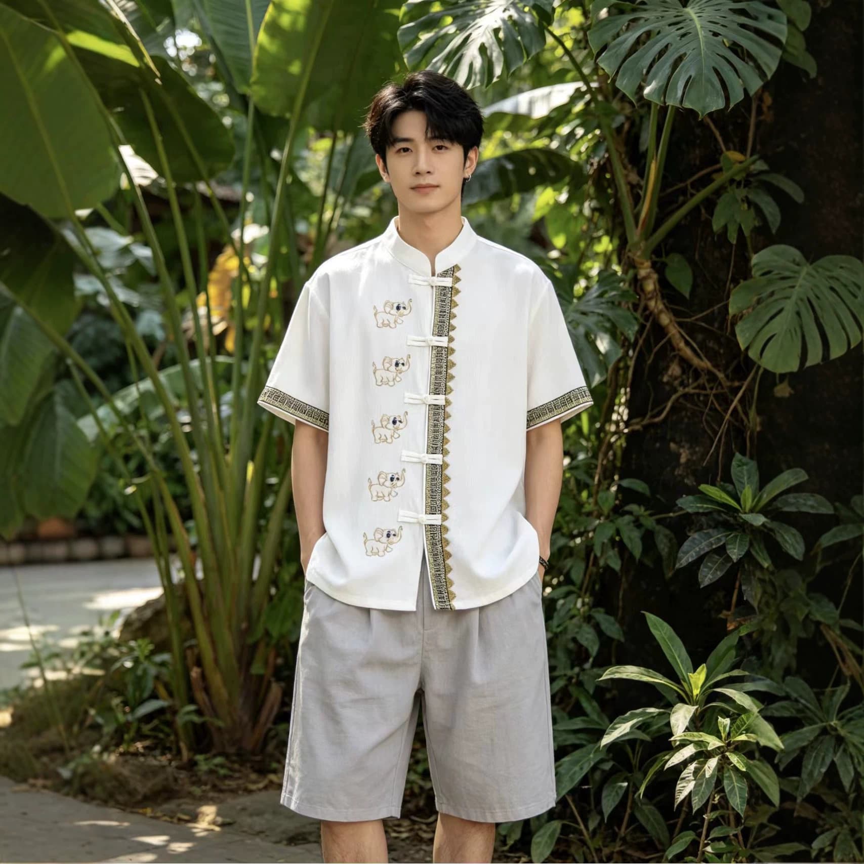 Xishuangbanna Dai Ethnic Style Men's Short-Sleeve Shirt Summer Cotton Linen Button Elephant Embroidery Ethnic Men's Top