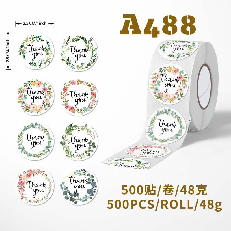 New Roll Sticker Floral Thank You Sticker Seal Sticker Self-Adhesive Hand-Drawn Plant Flower Thank You Sticker