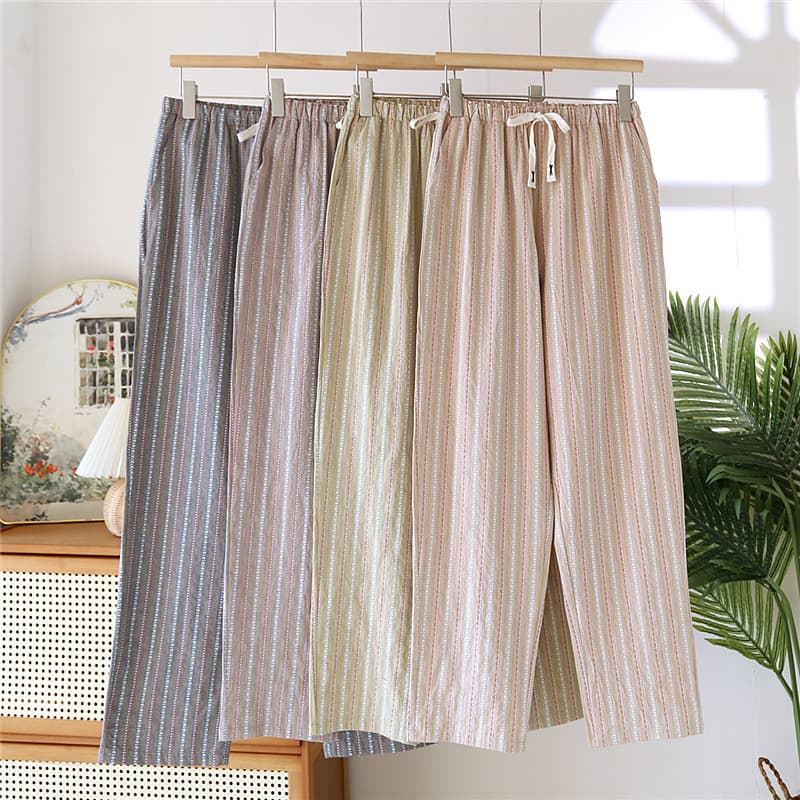Couple Yarn-Dyed Pure Cotton Home Pants, Spring/Summer Double-Layer Cotton Gauze Sleep Pants, Loose Plus Size, Unisex Long Pants