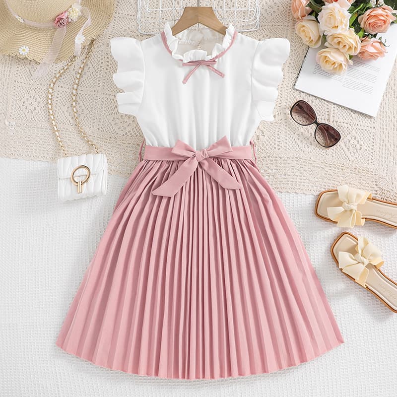 Girls' Dress Cross-Border Hot-Selling Children's Clothing 2025 Summer New Stylish Flutter Sleeve Color-Blocking Elegant Pleated Skirt