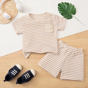 Cross-Border Supply Children Summer Set Light Brown Striped Short Sleeve T-Shirt + Shorts Two-Piece Set Export Kids Clothing Wholesale