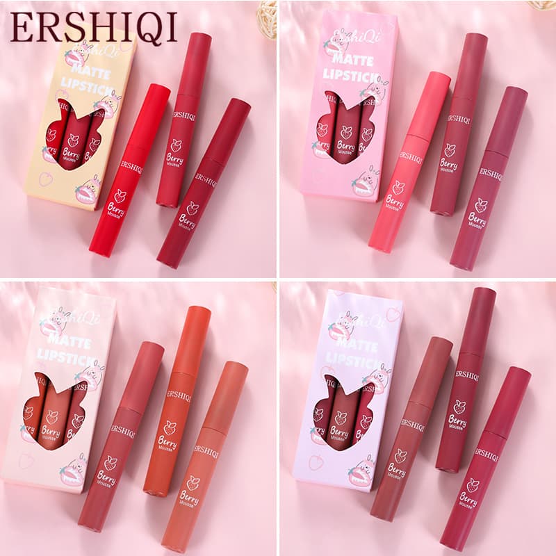Cross-border Exclusive Hot Sell ErshiQi Matte Lip Gloss Lipstick Non-smudge Non-transfer 3 Pieces or Single Lip Color