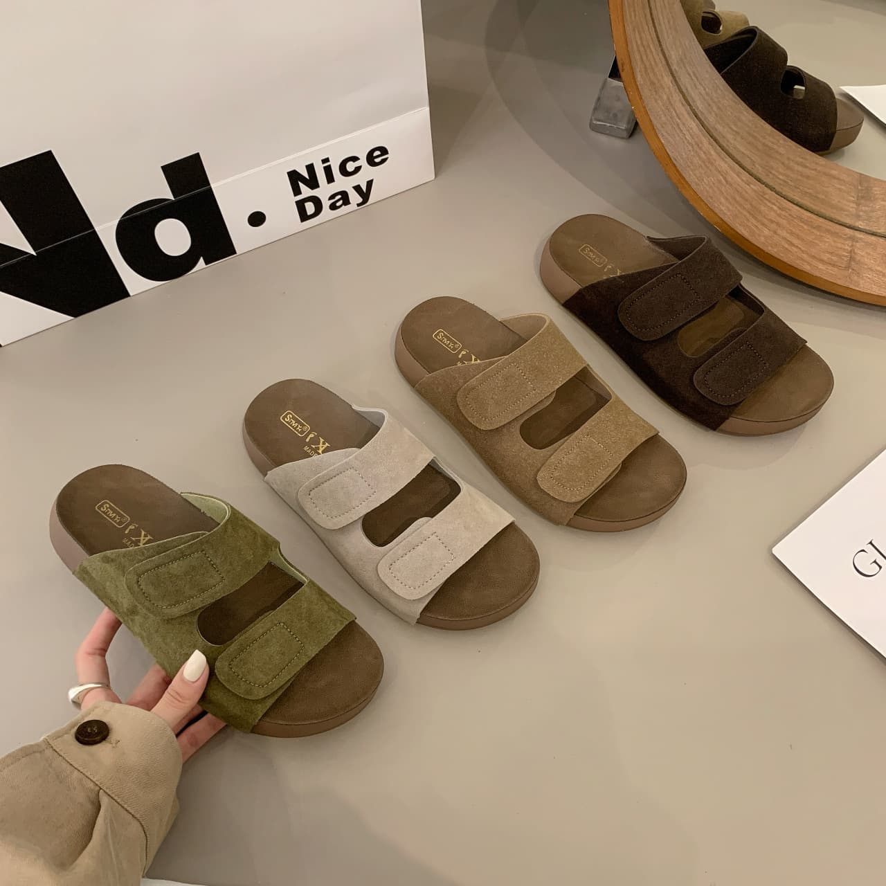 Thick Sole Birkenstock One-Strap Sandals Women 2026 New Summer Retro Style Velcro Anti-Slip Outdoor Genuine Leather Sandals