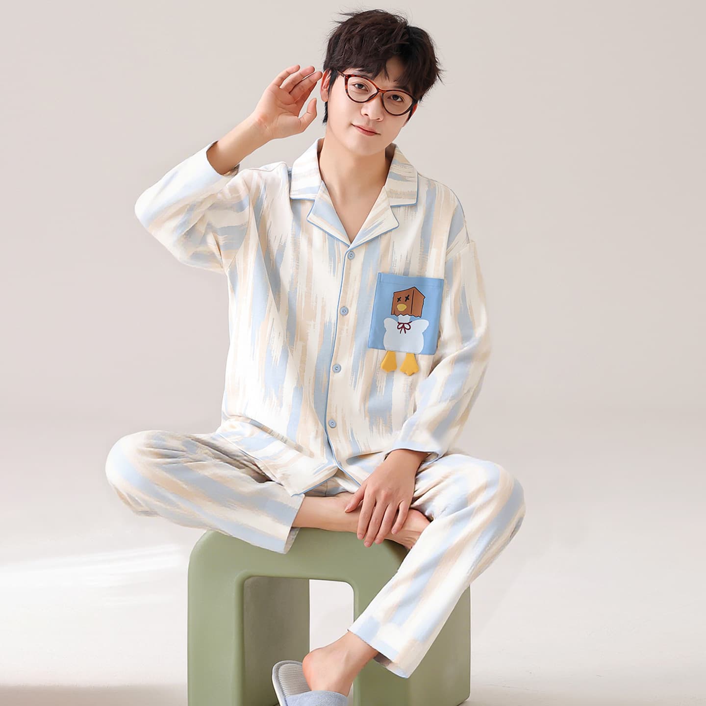 Men's Pajamas Spring Autumn 2025 New Cotton Long Sleeve Cute Cartoon Youth Homewear Set Winter