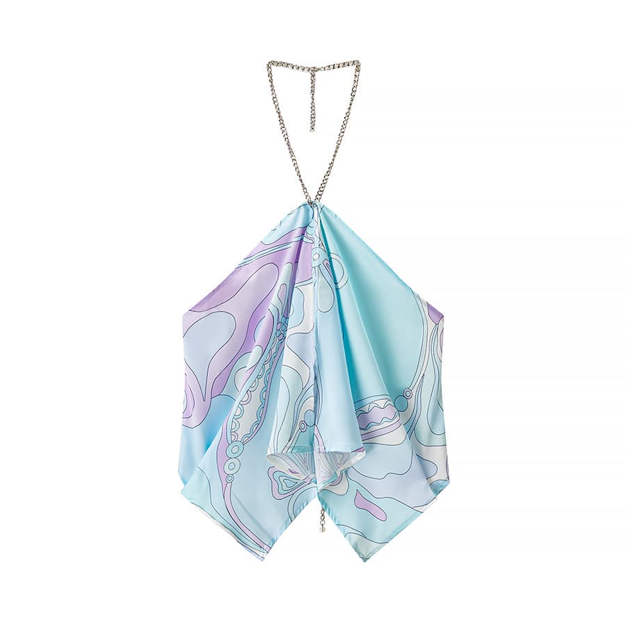 Cross-border 2025 Spring/Summer New European and American Style Halterneck Position Print Tube Top INS Loose Vacation Party Backless Top
