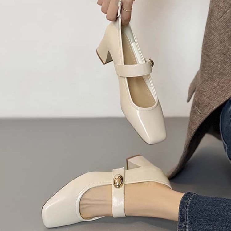 Square Toe One-Strap Velcro Fashion Mid Heel Pumps French Soft Mary Jane Shoes Chunky Heel for Dresses High Heels