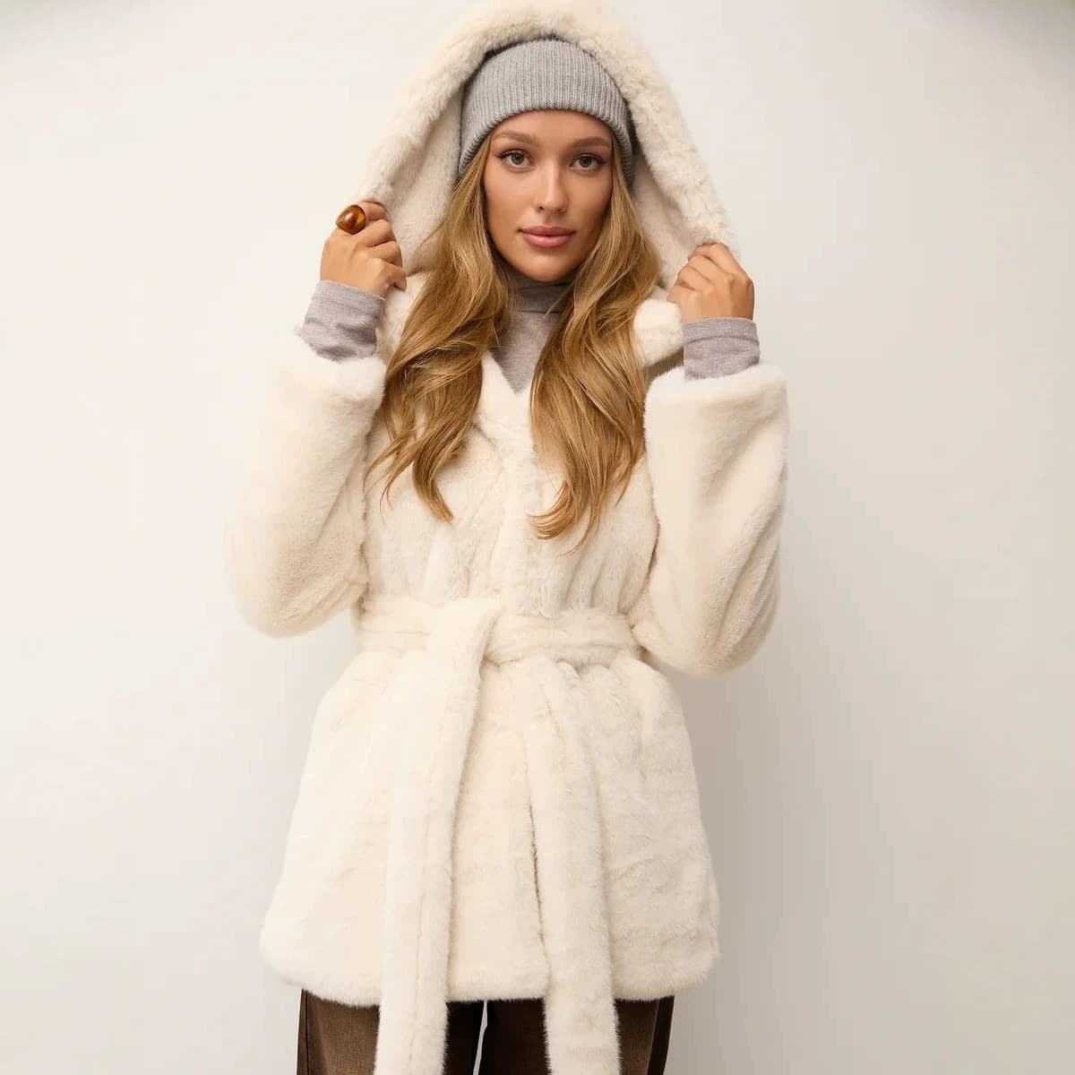 Amazon Cross-Border Europe/US Winter Eco-Friendly Faux Fur Coat Women's Mid-Length Belted Hooded Coat