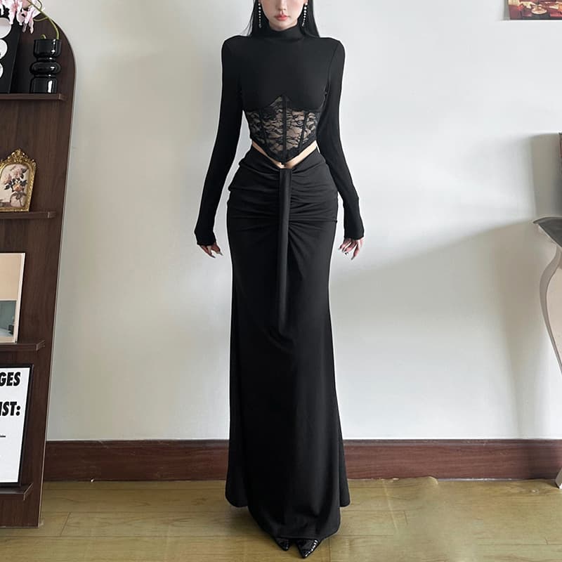 Cross-border European and American Style 2024 Autumn New Women's High Neck Lace Hollow Top Slim Fit Pencil Long Skirt