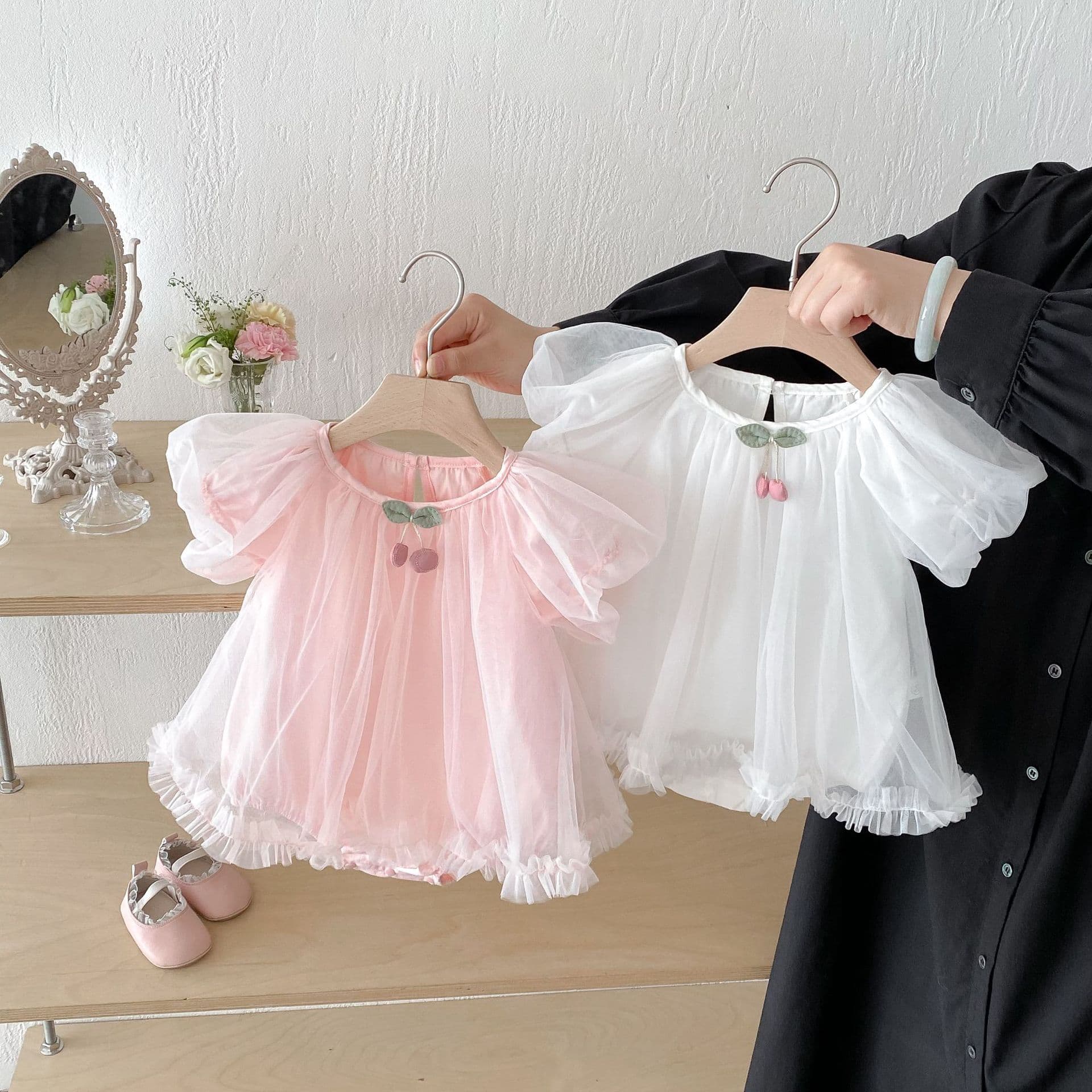 Baby Girl Short Sleeve Mesh Princess Dress for Summer 2025, Sweet Cherry Newborn 100-Day Photo Outfit Romper