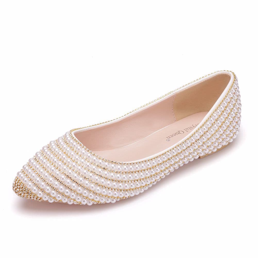 White gold chain pearl flats wedding shoes pointed toe large size ladies bride mature flats women's casual shoes
