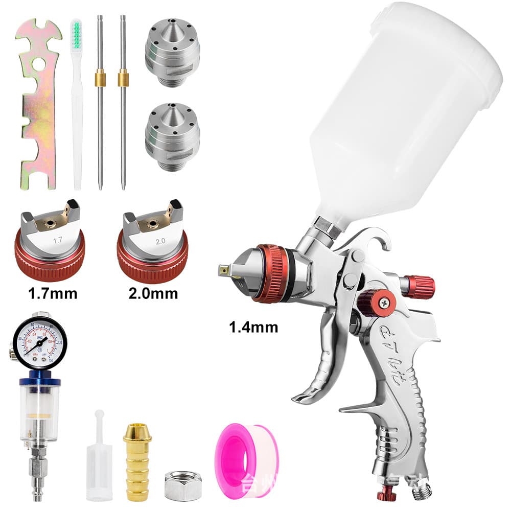 Pneumatic Paint Spray Gun Gravity Feed Upper Cup Auto Furniture Air Compressor Spray Gun with Nozzle, Pressure Gauge, Oil-Water Separator Set for Cross-Border