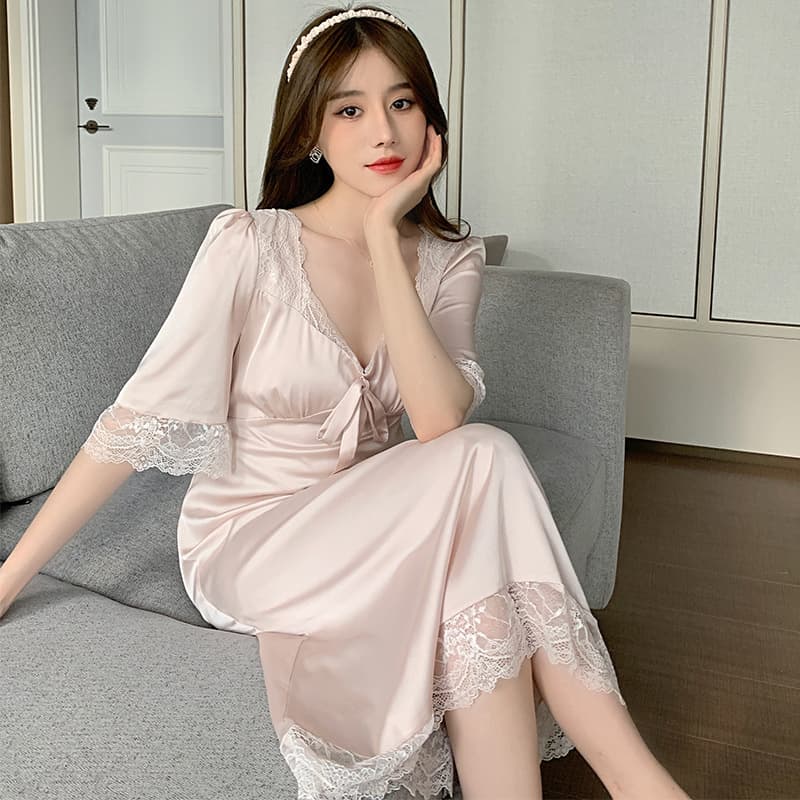 Premium Light Luxury Women's Pajamas Lace Short Sleeve Ice Silk Nightgown Summer with Padded Bra Silk Sweet Simulated Silk Sleepwear