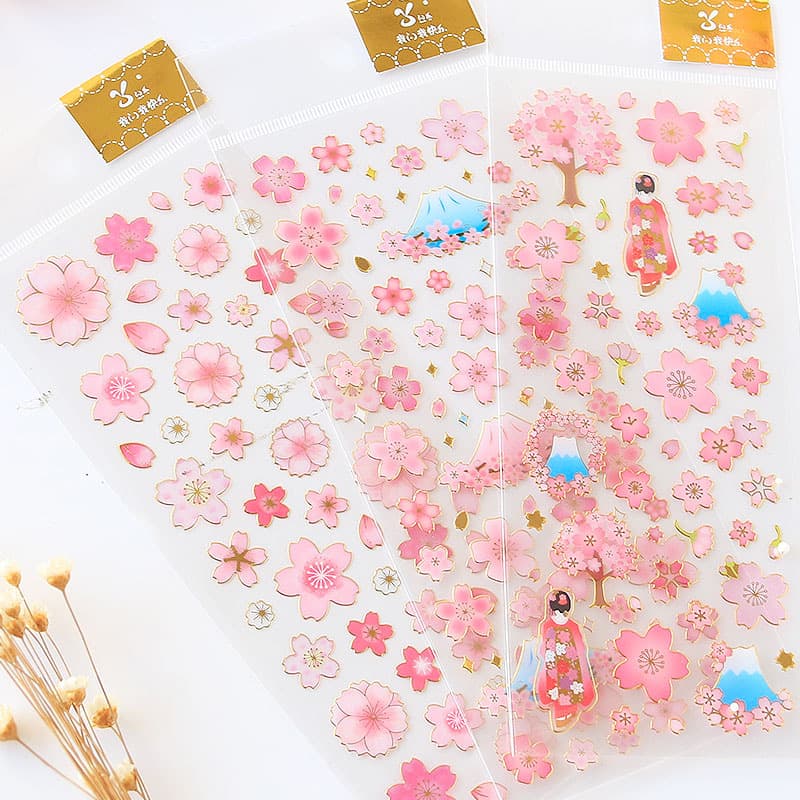 PVC Gold Foil Sakura Flower Embossed Stickers Children's Reward Decals Girls' Album Water Cup Baby Handmade Decoration