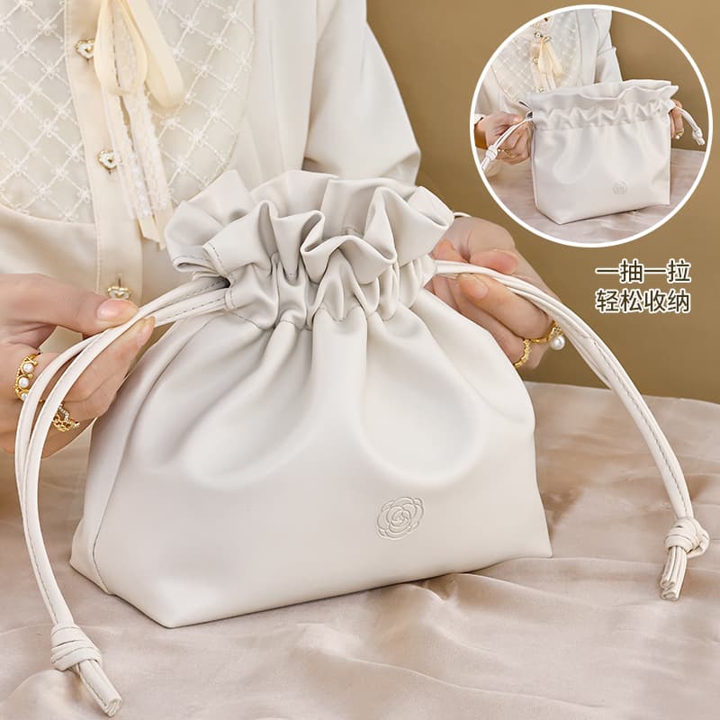 Portable Large Capacity Women's Cosmetic Bag Travel Storage Pouch Pu Leather Drawstring Closure Lazy Person's Makeup Bag