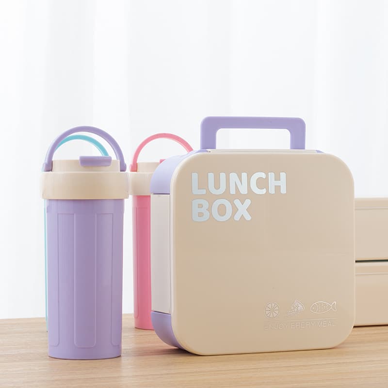 Plastic Square Bento Box with Compartments, Student Lunch Box and Cup Set, Microwave Safe, for Picnic, Salad, and Fruit