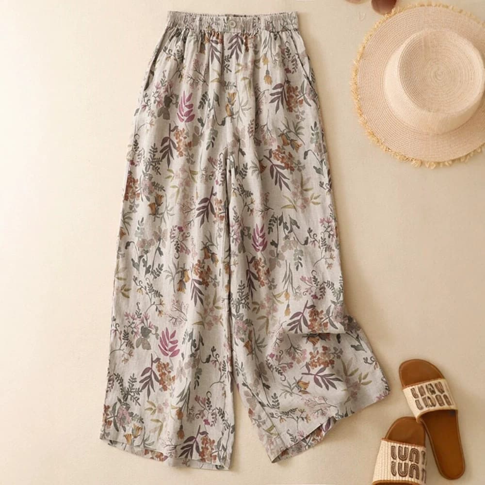 Artistic Vintage Printed Cotton-Linen Home Wide Leg Pants for Women, Summer Trend Elastic Waist Straight Pants, Linen Casual Pants