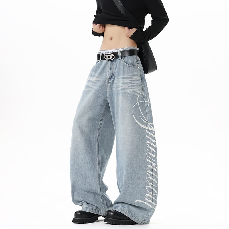 American street vibe light-colored washed denim jeans vintage relaxed straight wide-leg floor-length pants