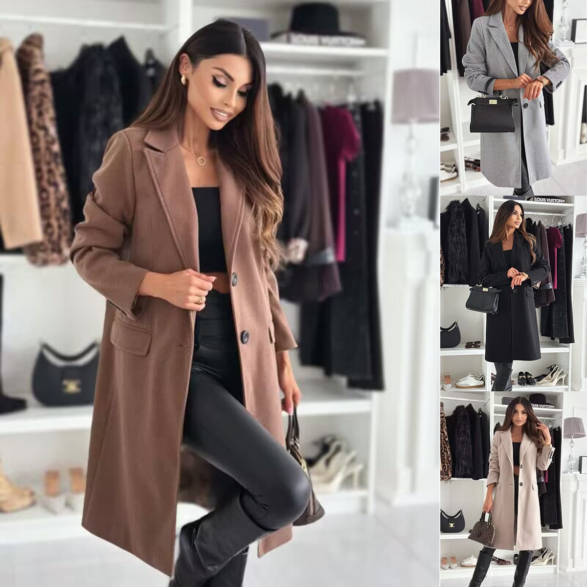 Cross-border Foreign Trade European/American Women's Clothing Independent Site Amazon 2024 Autumn/Winter Minimalist Long Sleeve Solid Color Button-Down Tweed Jacket.