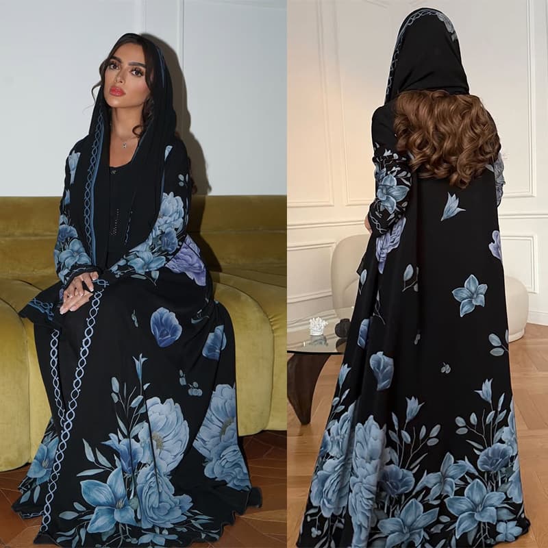 MQ280 Modest Cross-Border Cardigan Long Dress Printed with Headscarf Two-Piece Set Plus Size Coat Robe