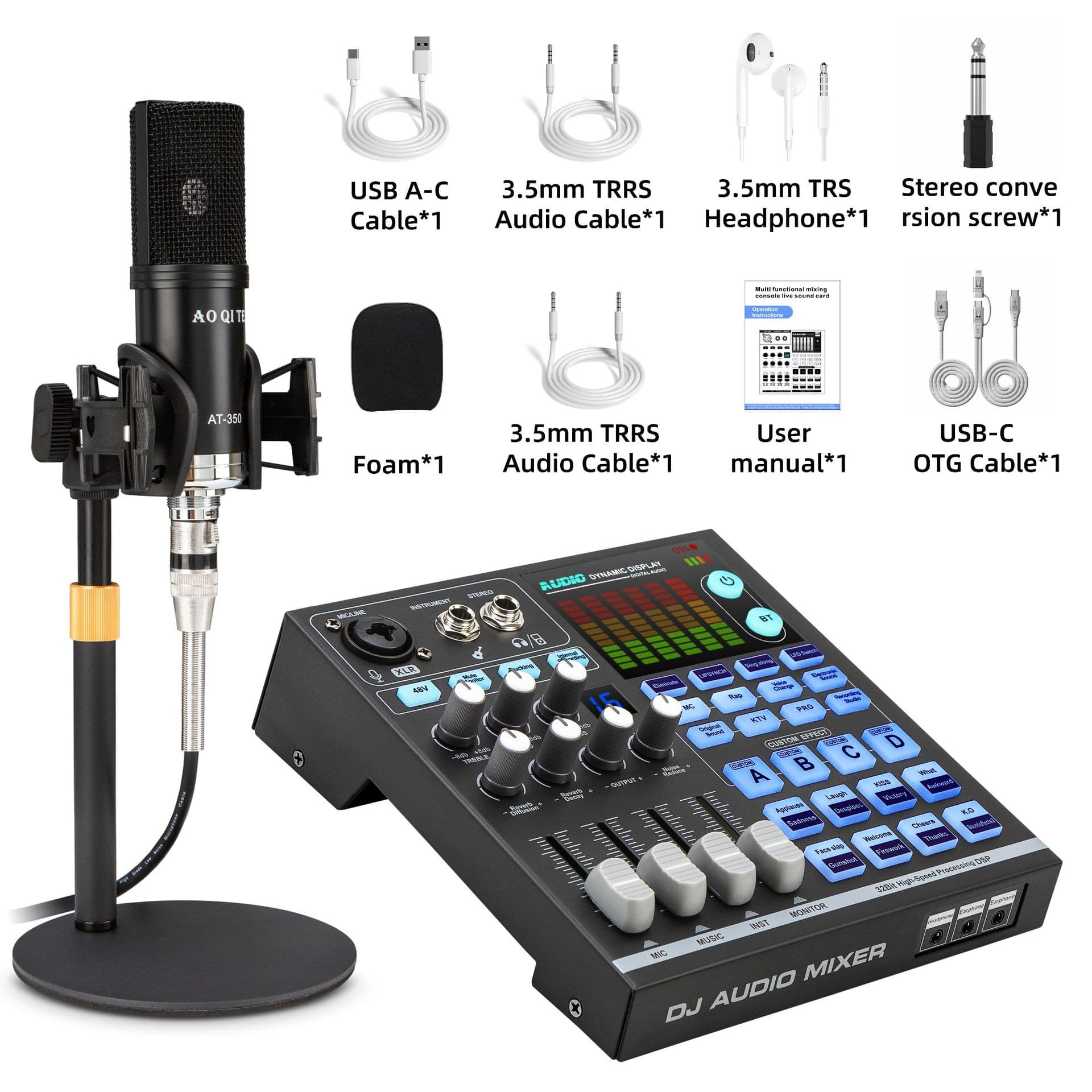 Cross-Border Export English Live Streaming Sound Card Set, 48V Sound Card Dedicated for TikTok Live Streaming Karaoke Podcast Microphone