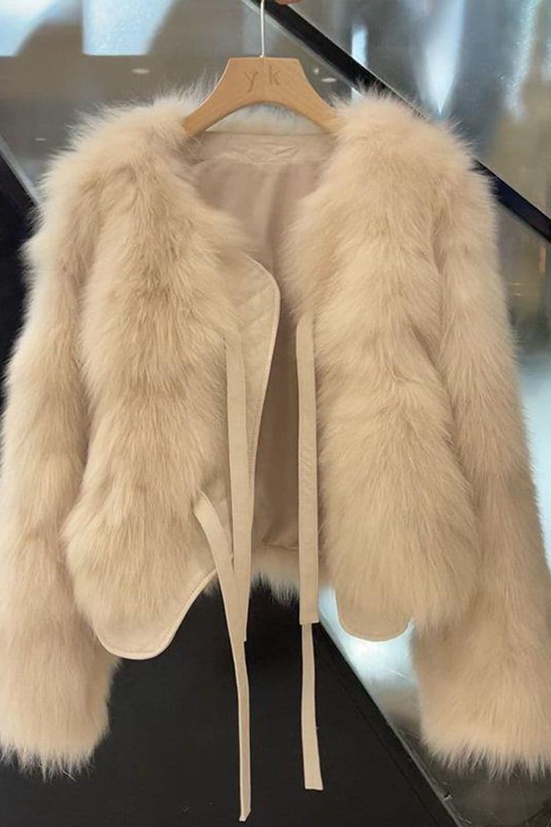 New autumn/winter faux fox fur coat, youthful and elegant short versatile tie-waist medium-thick top