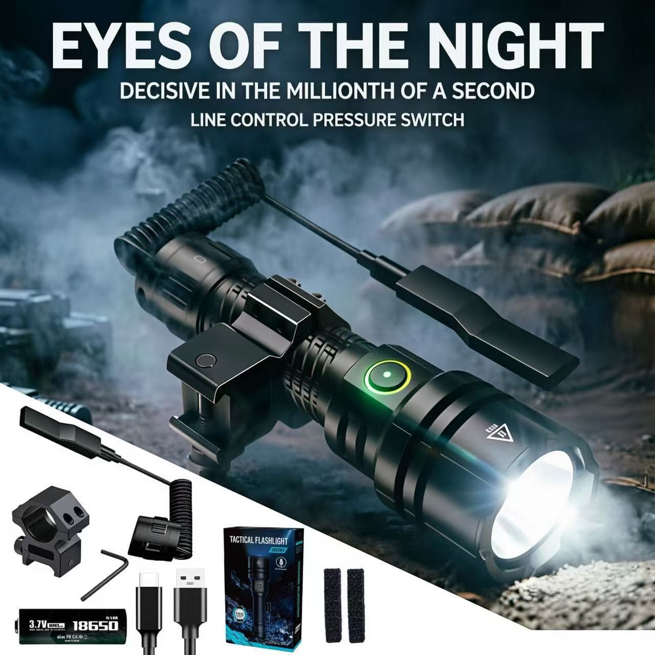 Tactical Flashlight 2200lm Compatible with Picatinny Rail for Security Use 5-Mode Dimming USB-C Direct Charging