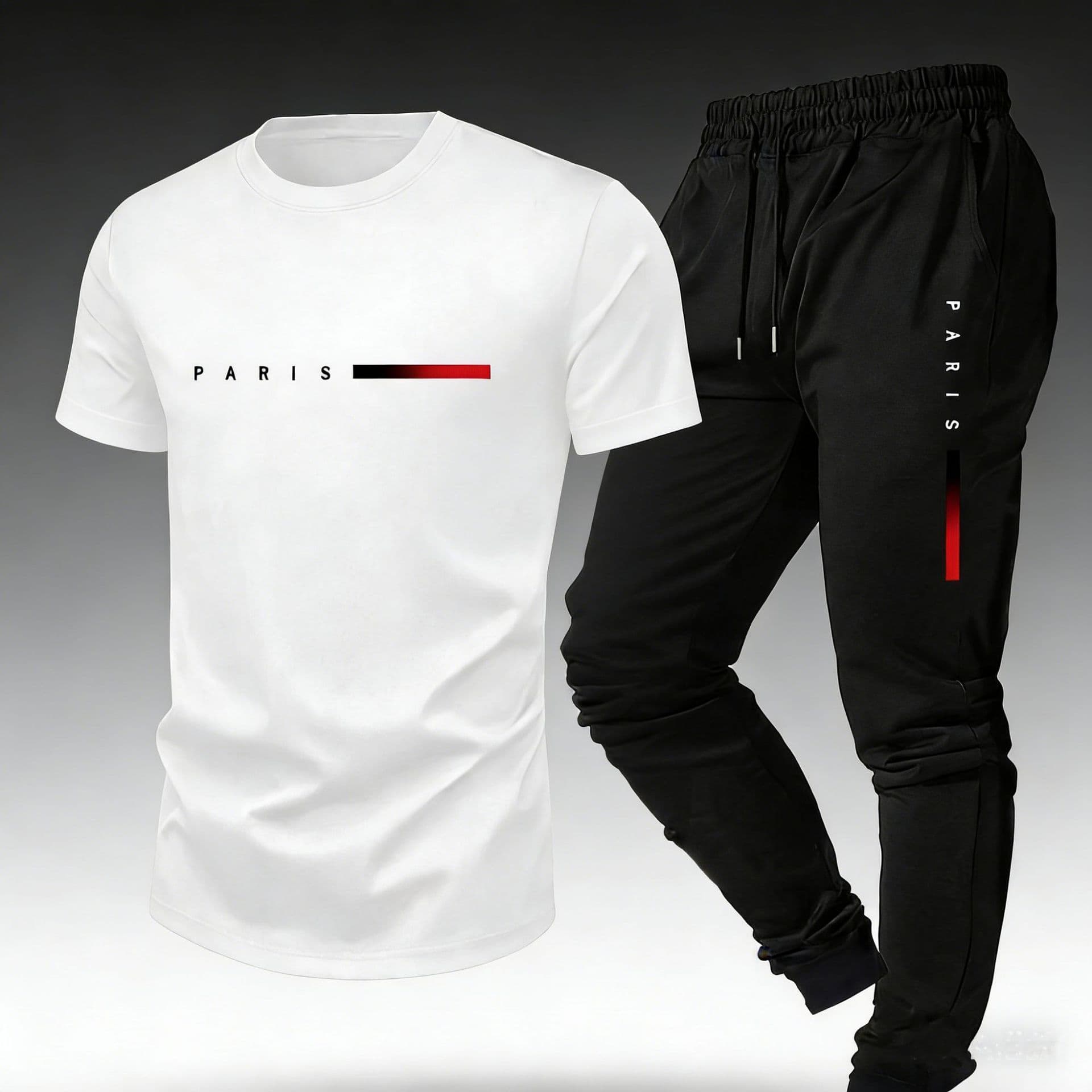 Men's Paris Print Casual Sportswear Set Short Sleeve T-Shirt + Long Pants Two-Piece Set Trendy Style 24-Hour Shipping