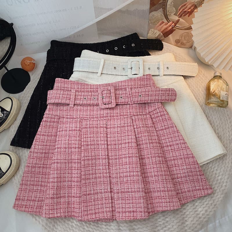 Slimming A-Line Pleated Mini Skirt with Belt Anti-Light Autumn Winter Short Skirts Women's Fashion Commute City Style Polyester
