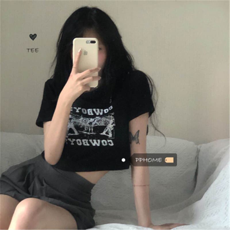 2025 New Summer Women's Loose Crop Top Short Sleeve T-Shirt Sweet Cool Girl Short Top Ins Fashion