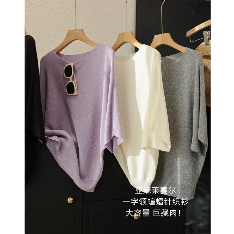 Loose Fit Batwing Sleeve Knit Pullover Top for Women in Summer - Flax Lyocell Fabric, Slimming Off-Shoulder Design