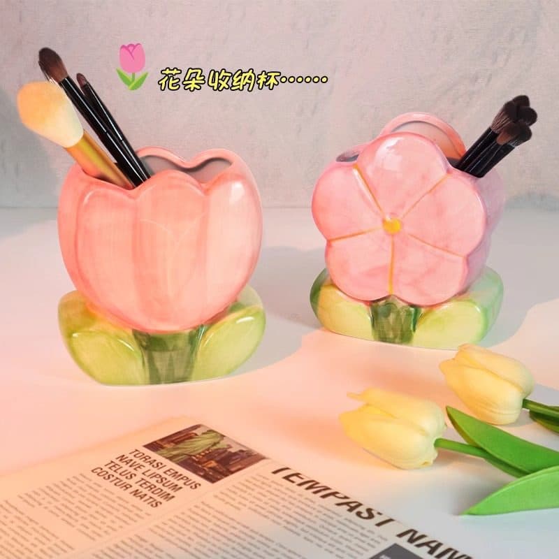 Flower Ceramic Pencil Holder Desktop Cute Pen Stand Office Stationery Organizer Children Student Creative Decoration