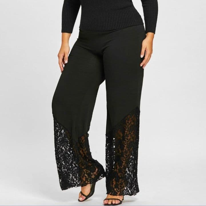 2026 Plus Size Women's Casual Pants, Lace Patchwork Loose Wide Leg Pants, Hot Selling on AliExpress