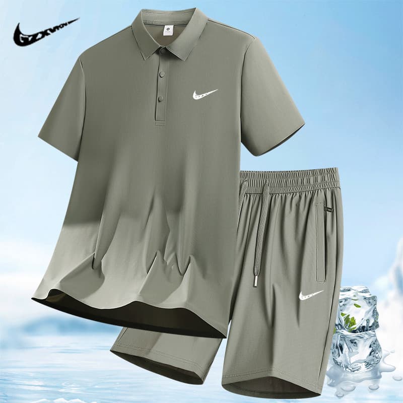 Men's Polo Shirt Set Summer New Loose Breathable Ice Silk Two-Piece Quick-Dry Thin Sportswear