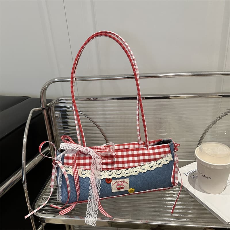 2025 lace plaid versatile shoulder bag portable student armpit baguette bag for women large capacity 2025 new style