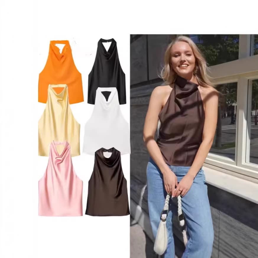 European and American cross-border women's sleeveless satin halter tops solid color vests women's summer short tops available in multiple colors