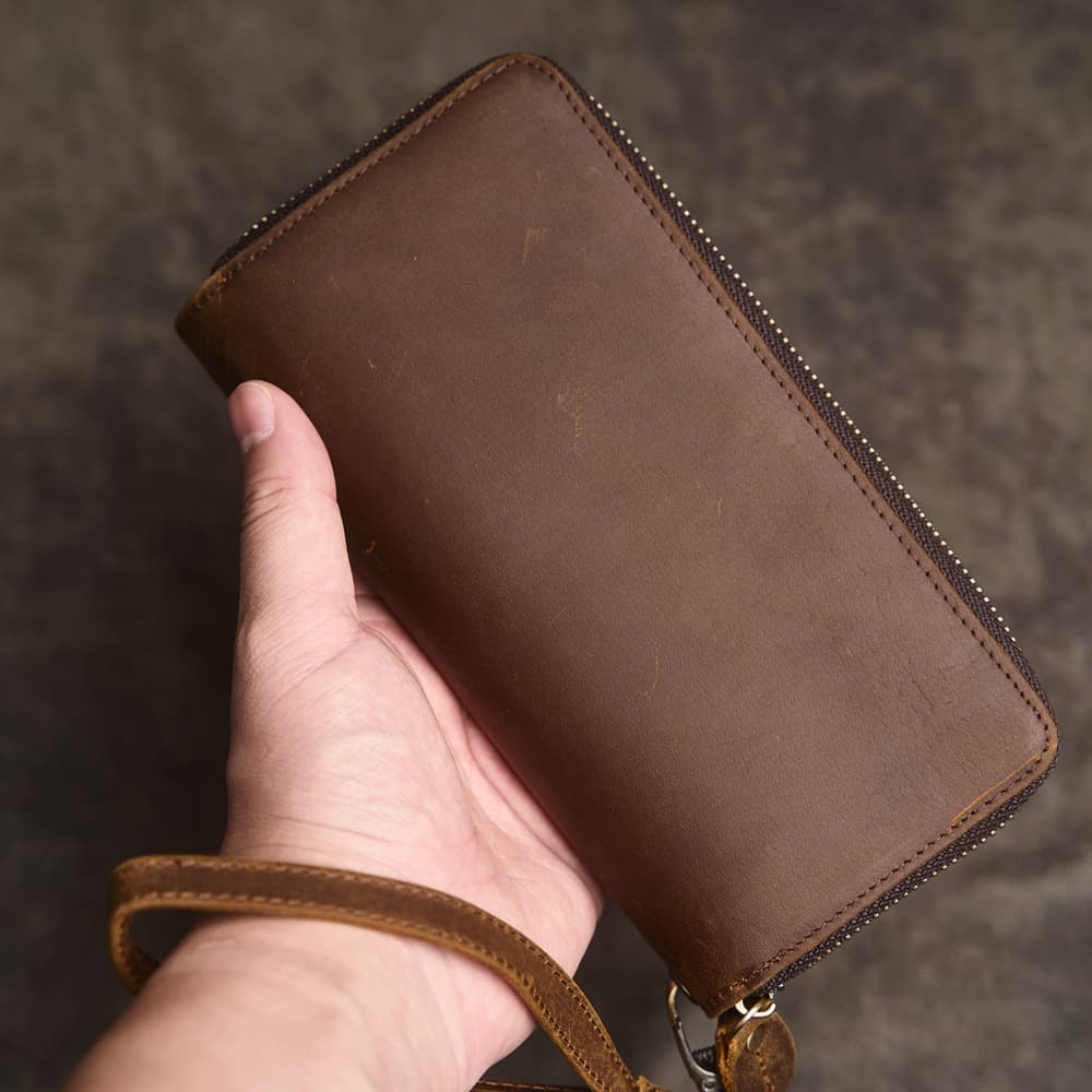 Men's Crazy Horse Leather Long Wallet Genuine Leather Double Zipper Wallet Multi-Card Slot Cowhide Clutch Large Capacity Mobile Phone Bag