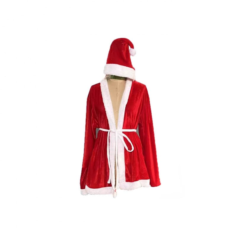 Three-piece Christmas outfit set with hat and coat, European and American style warm role-playing costume, long-sleeved Santa Claus set, red.