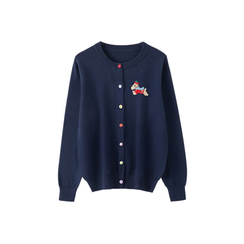 100% Cotton Long Sleeve Women's Round Neck Cardigan Knit Top with Embroidered Pony, Plus Size Versatile Jacket