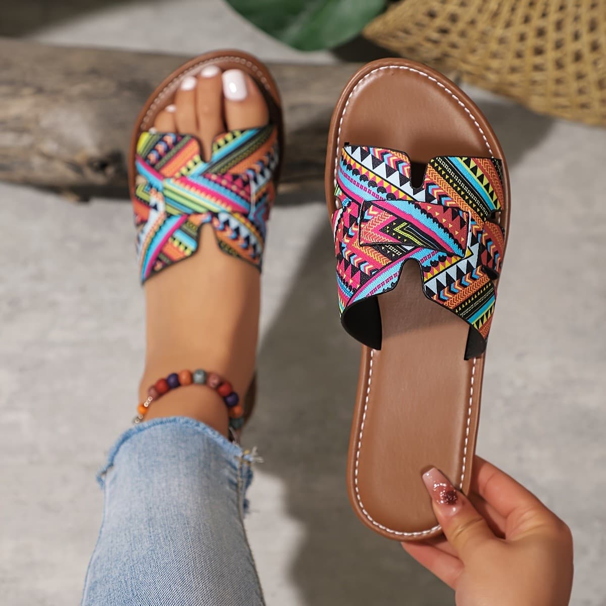 Women's Printed Toe-Loop Flat Sandals 2026 New Fashion Casual Boho Flip-Flops Lightweight Beach Shoes