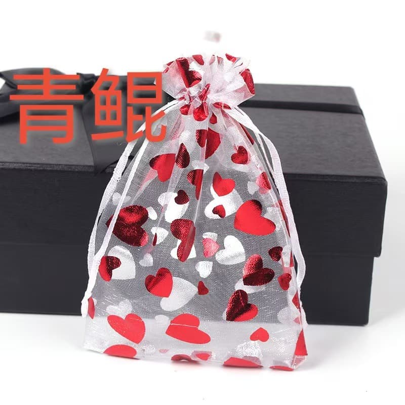 Valentine's Day Gift Red Gold-Stamped Mesh Bag Heart Drawstring Gift Bag Organza Pouch Christmas Bag Jewelry Bag